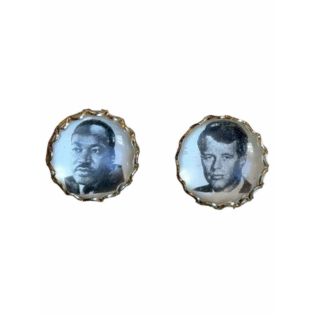 Vintage 1960s MLK & RFK Portrait Clothing Buttons Scalloped Gold Rim Pair